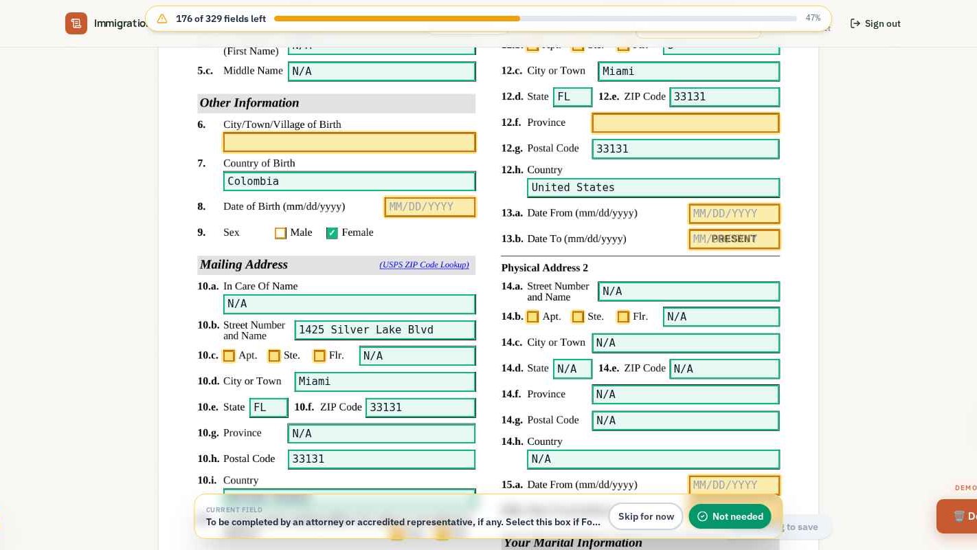 Live I-130 — review answers on the USCIS form